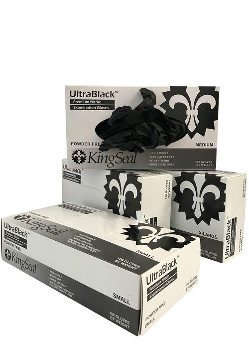 KingSeal 1000 Count UltraBlack Nitrile Exam Gloves, Medical Grade, Powder Free, Size SMALL, 4 MIL, Textured Fingertips, Made in Malaysia - 10 Boxes of 100 Gloves