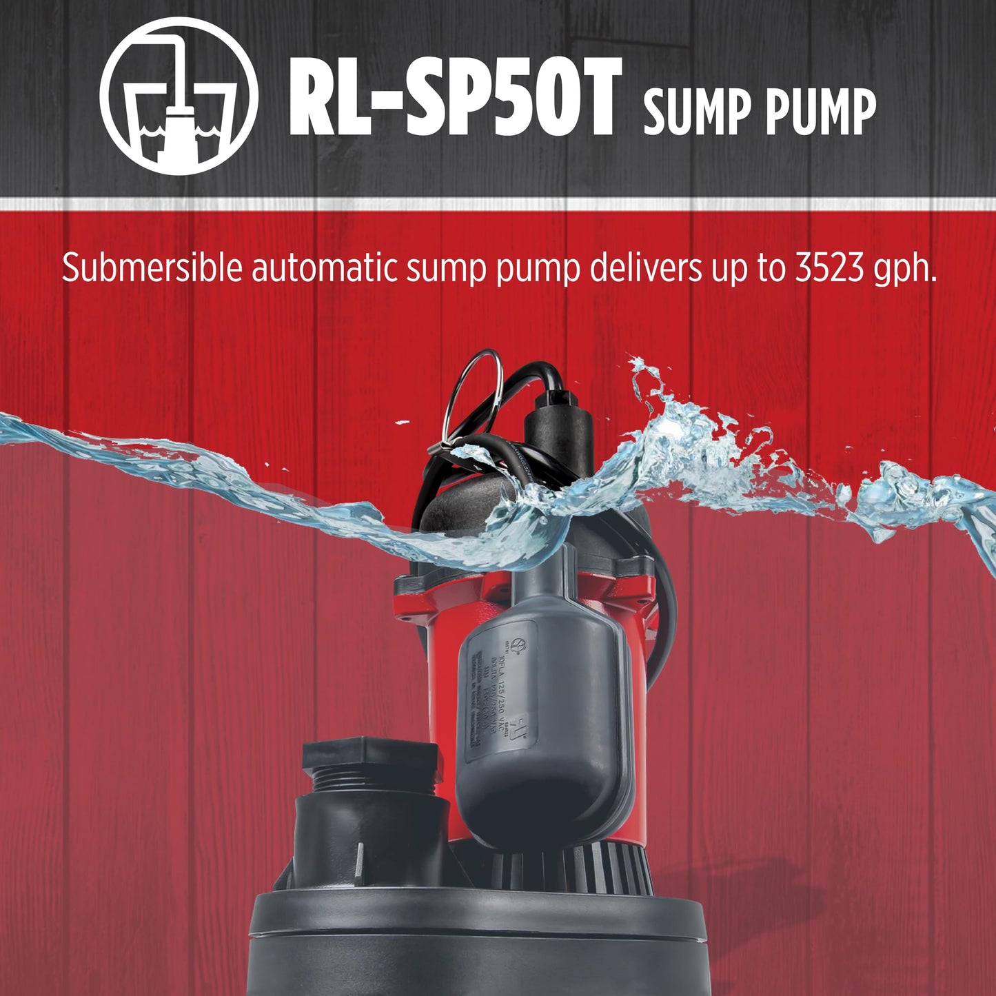 Red Lion RL-SP50T 115-Volt, 1/2 HP, 3600 GPH Aluminum and Thermoplastic Sump Pump with Tethered Switch and 8-Ft. Cord, Red, 14942742