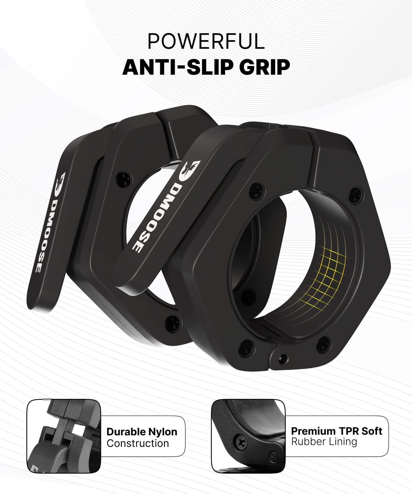 DMoose Fitness Barbell Clips 2" (Pair) - Quick Release Olympic Barbell Clamps with Anti Slip TPR Lining - Barbell Collars for Secure Weightlifting & Powerlifting (Black - Non Magnetic)