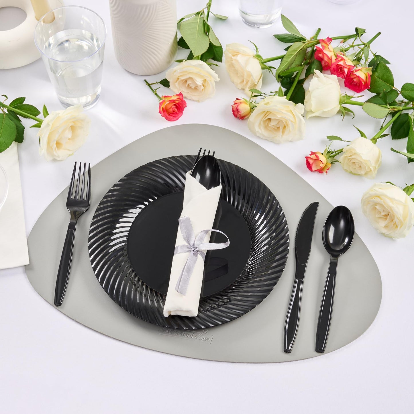 Restaurantware-7.3 Inch x 2 Inch Plastic Cutlery Sets, 100 Plastic Flatware Sets - Silver Ribbon, With White Napkin, Indivudally Wrapped, Black Plastic Disposable Cutlery Sets, For Weddings And Events