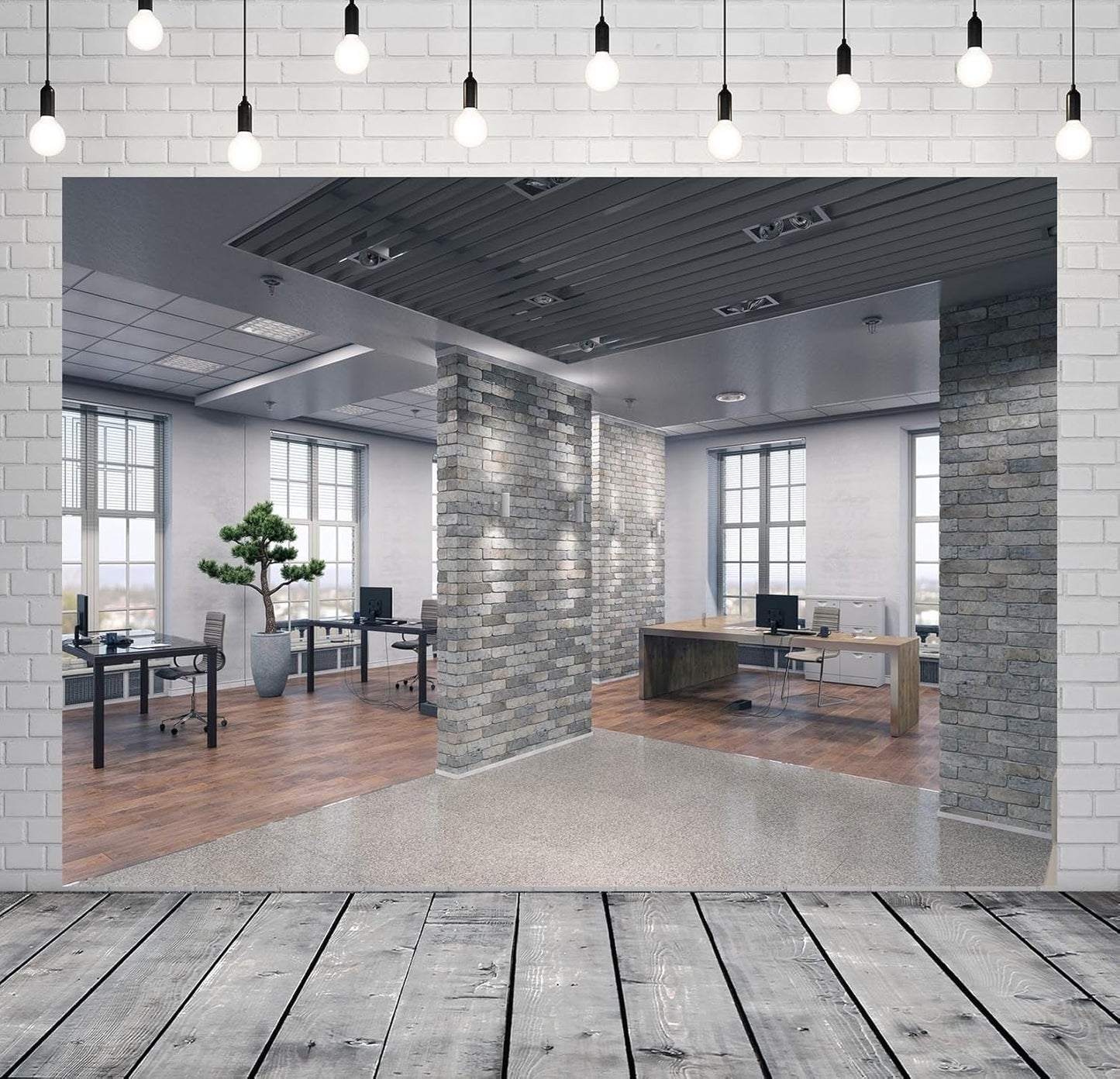 BELECO 7x5ft Fabric Modern Office Backdrop for Video Conference - Elegant Business Interior Brick Wall Windows Virtual