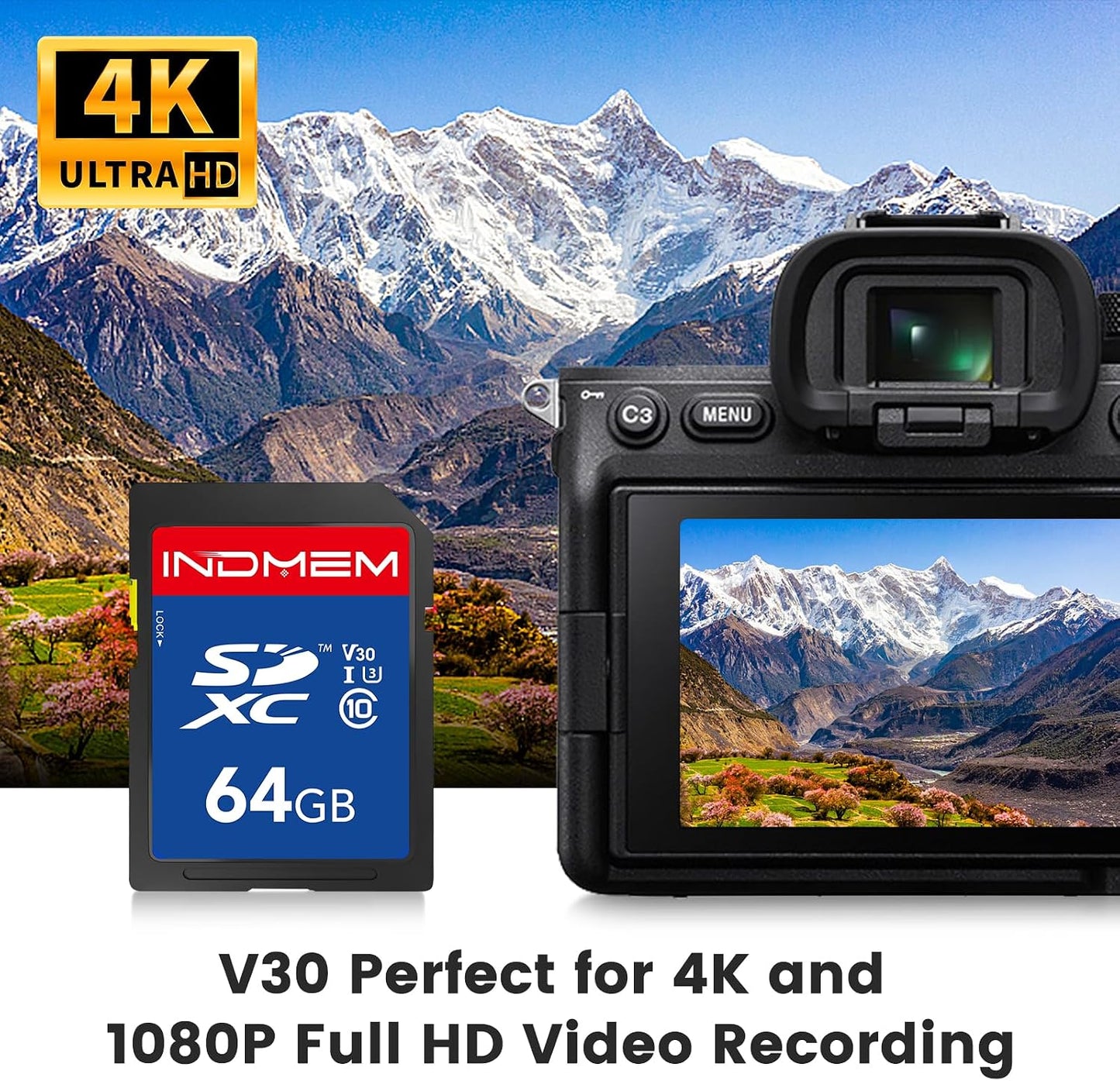 elecacc 64GB 90M/S, C10/U3/V30, 4K 64GB(1pc) SD Card, High Speed up to SDXC UHS-I Memory Cards, Full HD & Video