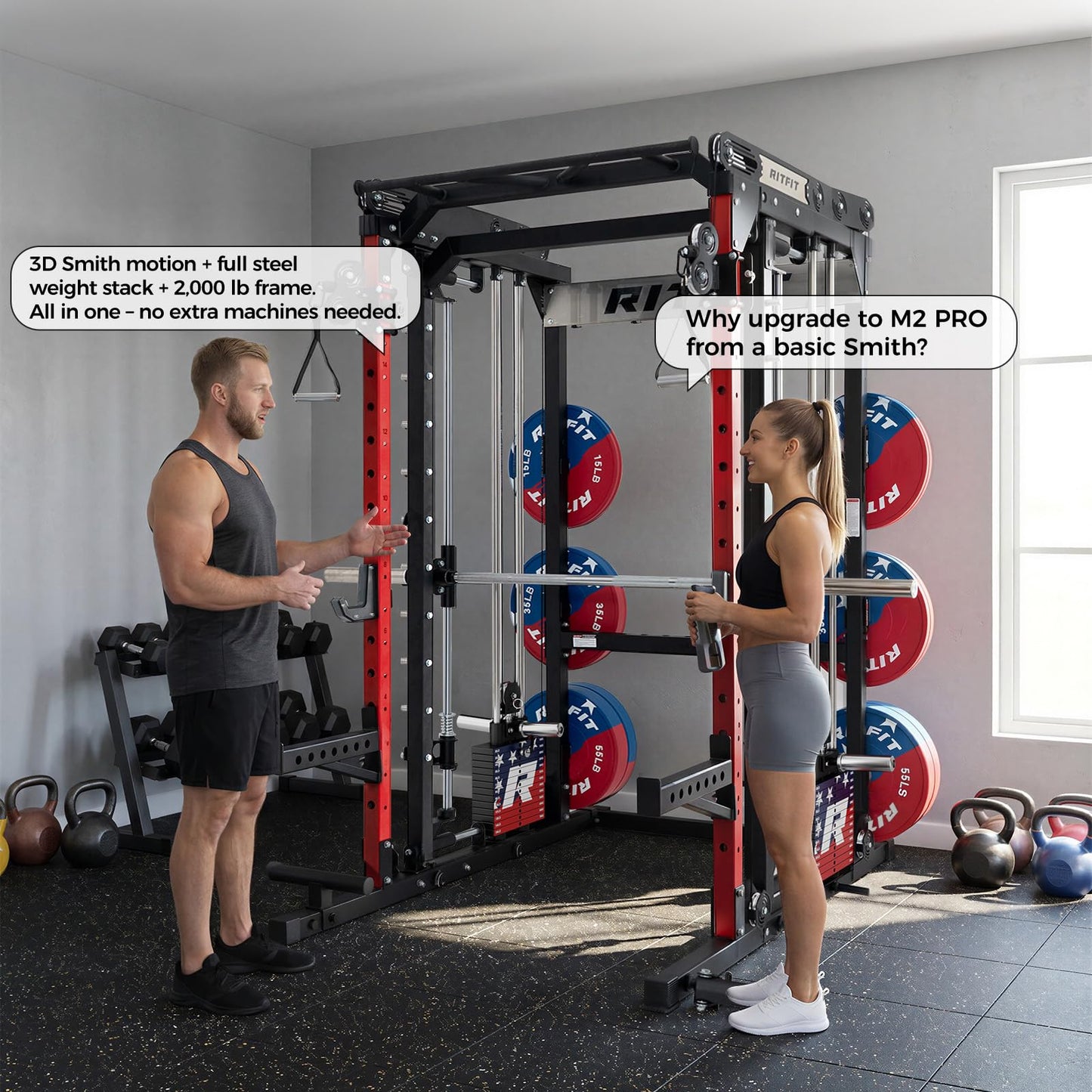 RitFit M2 Smith Machine with Cable Crossover System, 3D Functional Trainer & Power Cage, 16 Adjustment Holes, 6 Storage Pegs for Full-Body Home Gym(M2 PRO-3D Red with BP340)
