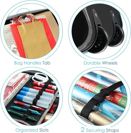 Hearth & Harbor Holiday Storage with Extra 2 PC of Christmas Storage Bins and Ribbon Storage Organizer - Fade Resistant Wrapping Paper Storage Containers with Wheels Fits Up to 30 Rolls of 40" Length