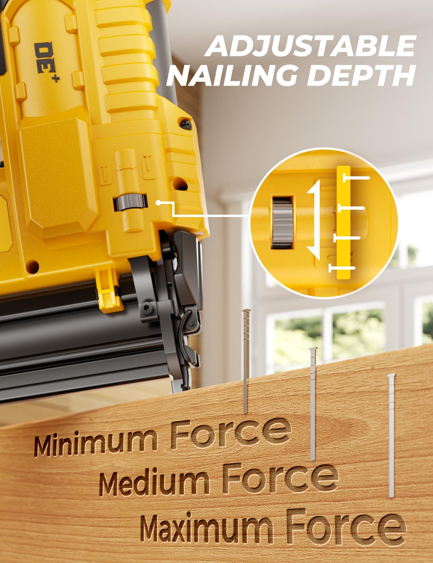 DeForce 18GA Cordless Brad Nailer, 2" Nail Gun for Dewalt 20V Max Battery, 2 IN 1 Electric Stapler, 2026 Upgraded Tool-Free Jam Release, 2 Modes, Adjustable Depth, 1000pcs Nails(No Battery), Yellow