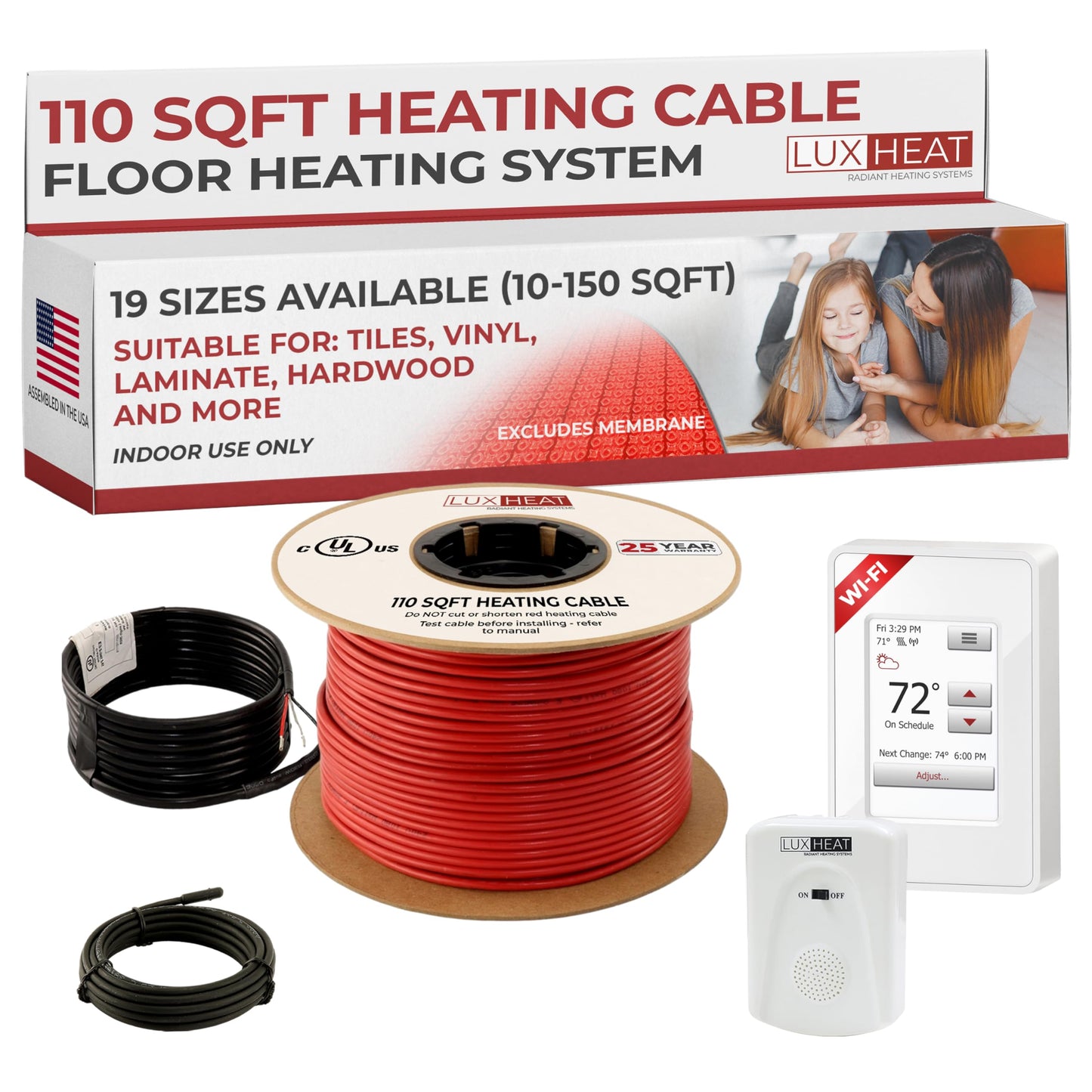 LuxHeat 110sqft Floor Heating Cable Kit - 120v Electric Radiant Heated Floor System - Heated Flooring System Includes UWG4 WiFi Programmable Thermostat w/GFCI, Heating Cable, Alarm & Flooring Sensor