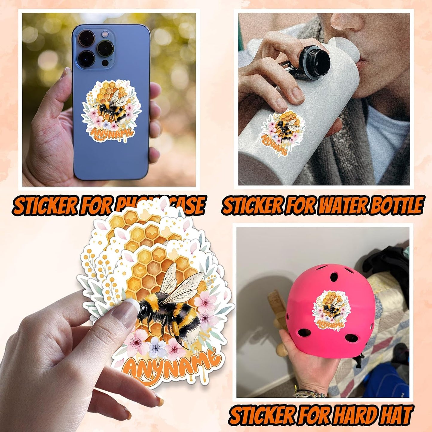 Custom Bee Name Sticker Personalized Text Floral Honeybee Honeycomb Flower Nature Animal Lovers Waterproof Vinyl