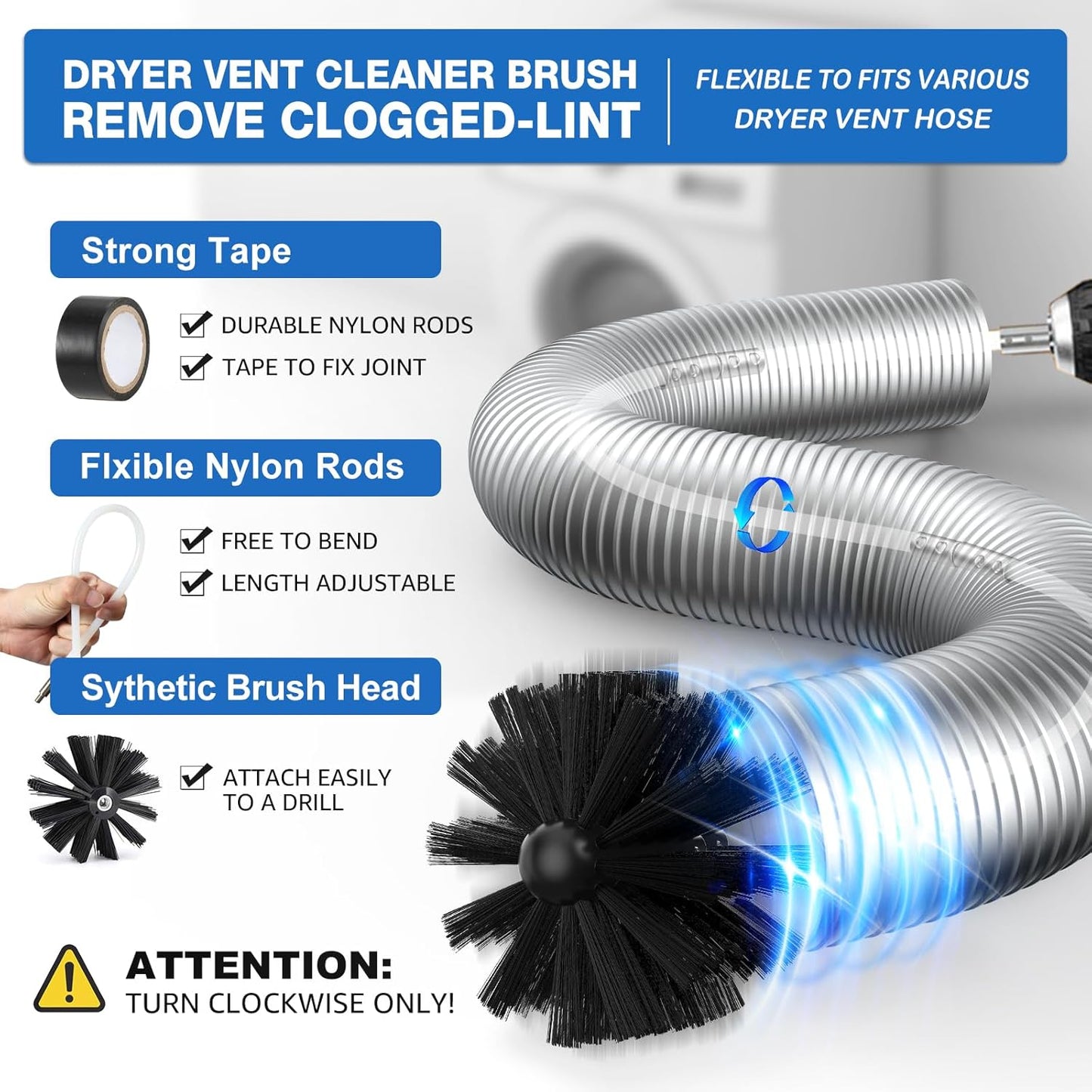 PetOde Dryer Vent Cleaner Kit - 32-Feet Lint Remover with Flexible Brush & Vacuum Attachments