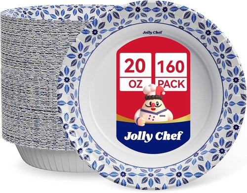 JOLLY CHEF 20 oz Heavy-Duty Paper Bowls - 160 Count Soak Proof Disposable Dinner & Lunch Bowls