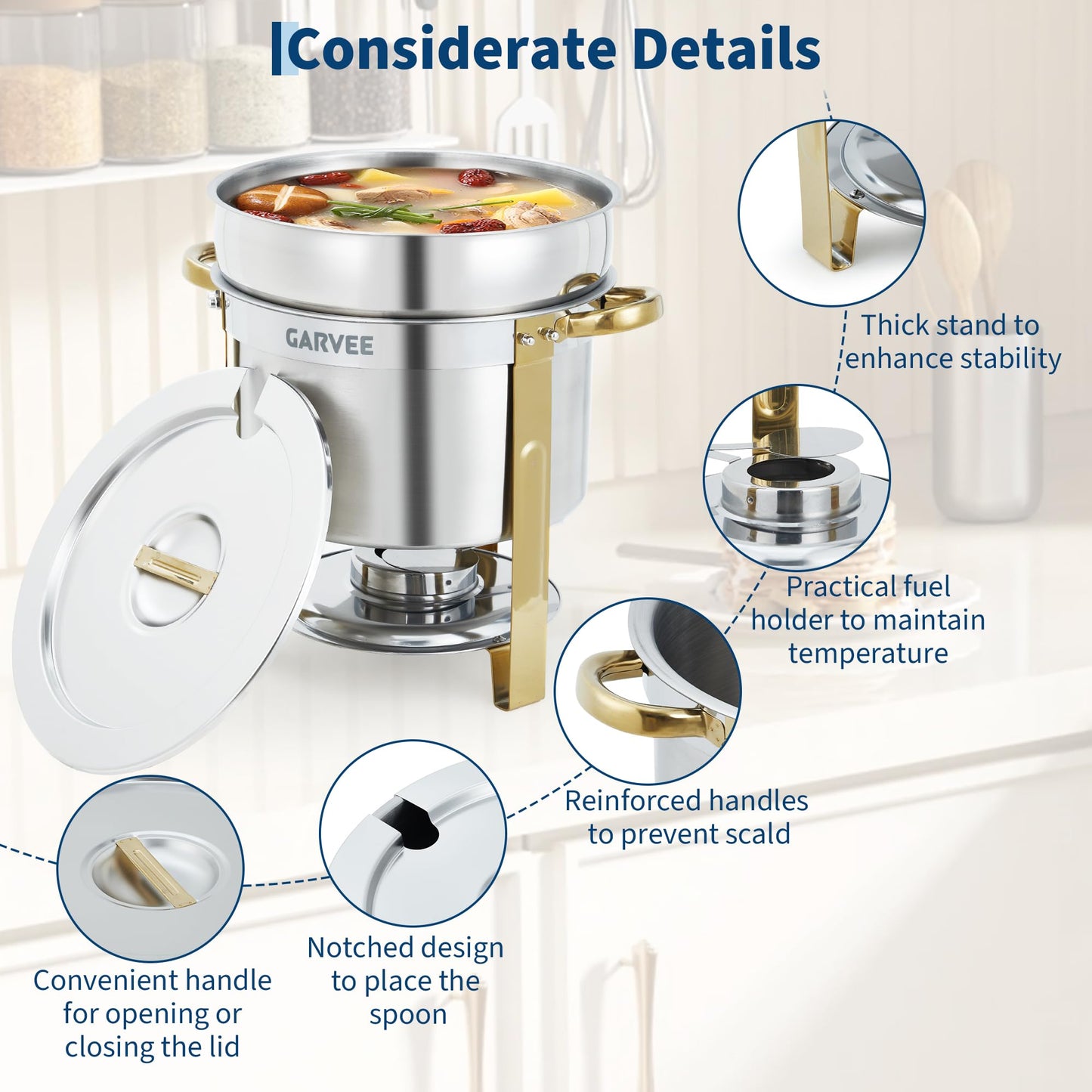 GarveeHome 7QT Round Soup Chafer Sets of 4, Commercial Soup Warmer with Pot, Notched Lids & Fuel Holders, Stainless Steel Food Warmer for Buffets Parties Wedding Banquets Catering, Gold