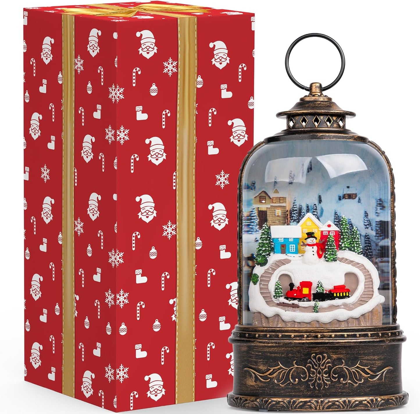 Skiennix Christmas Snow Globe Lantern - Glittering Snowman & Train with Music | USB & Battery Operated