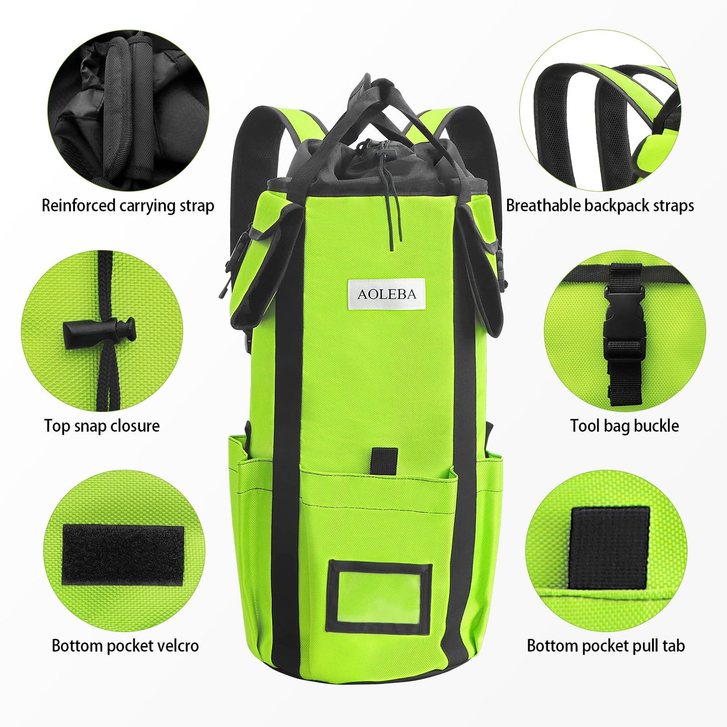 AOLEBA Arborist Rope Storage Bag Tree Climbing Rock Rope Bucket Backpack Rope Storage Bag Large Capacity 1680D Thicken Nylon Material with Hand Straps, Side Pockets - Neon Green