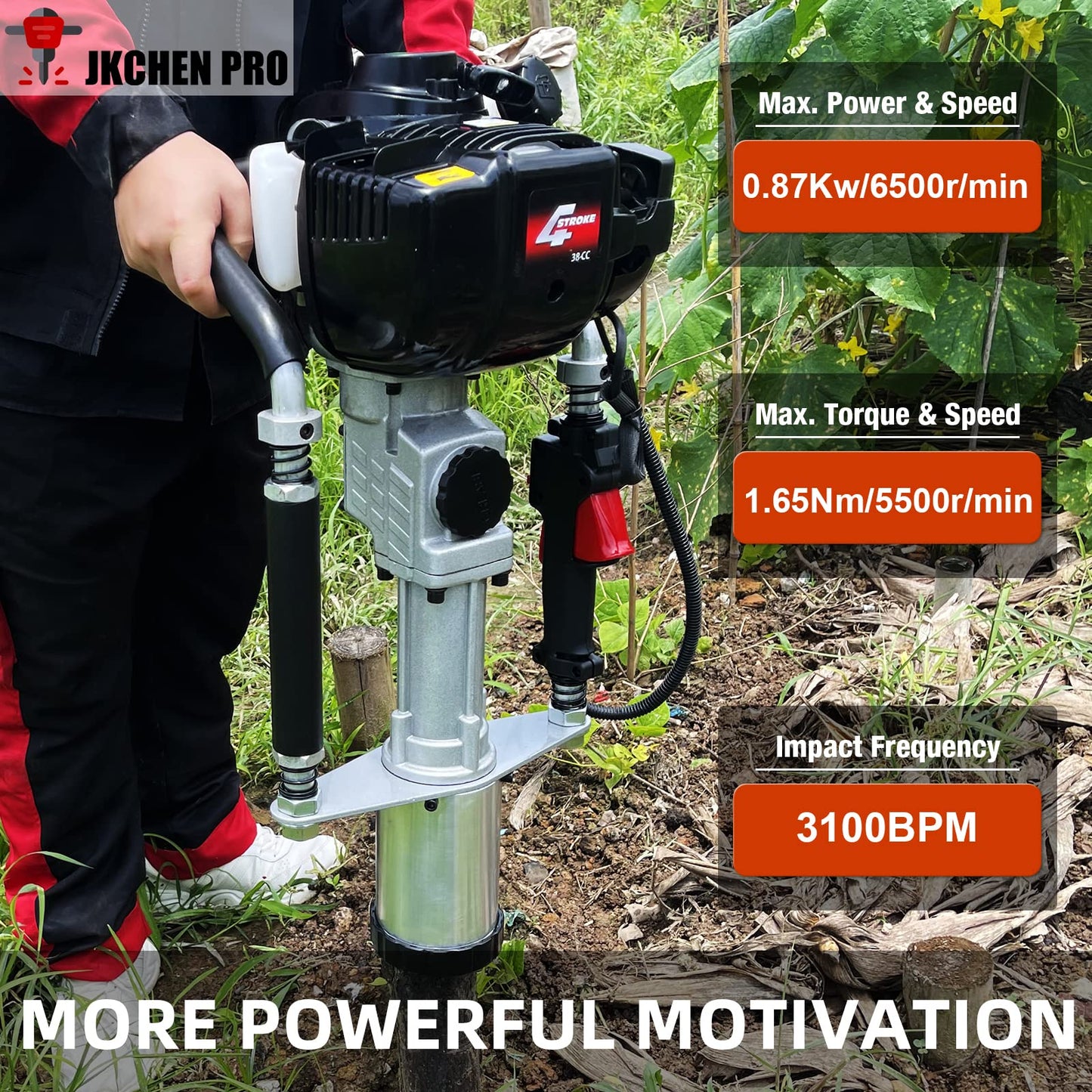 4 Stroke Gas Powered T Post Driver Hammer Drill, 37.7CC Air Cooling Single Cylinder Gasoline Petrol Fencing Tool with 3 Post Driving Head - 45mm,55mm,88mm pile sleeve