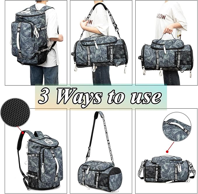 Gym Duffle Bag Backpack with Shoe Compartment,4 ways Travel Backpack for Women and Men,Multi-Functional Weekender bag with Waterproof Layer&Laptop Compartment for Fitness, Travel,Camping