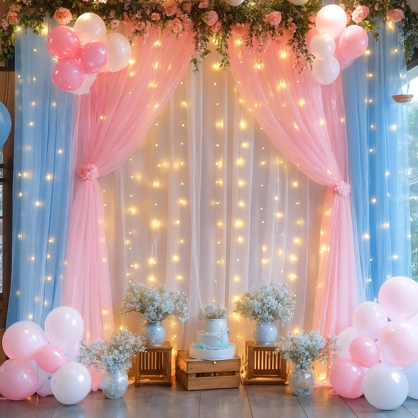 Suppromo 2 58ft Pink Blue Sheer Tulle Backdrop Curtains with Lights String for Gender Reveal Baby Shower Decorations