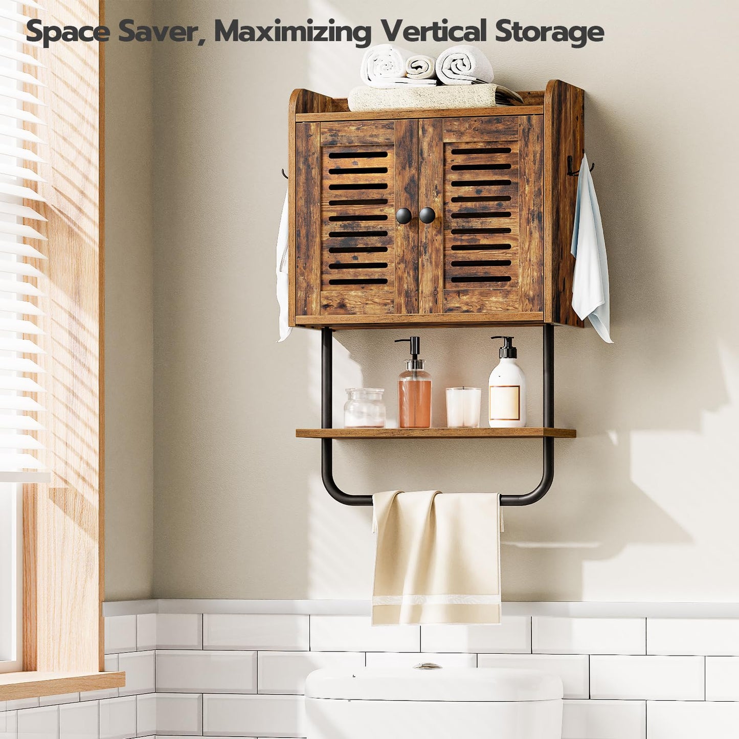 HOOBRO Bathroom Wall Cabinet, Double Doors Medicine Cabinet with Towel Bar, Adjustable Shelf, 2 Hooks, Over The Toilet Storage Cabinet, for Bedroom, Kitchen, Rustic Brown BF46CW01
