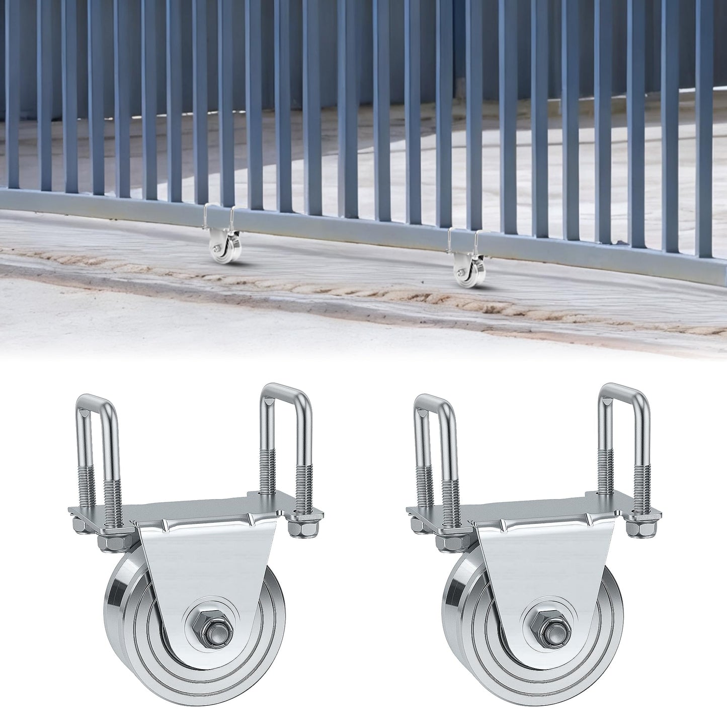 AIWFL 2 Pack 4" V-Groove Slide Rolling Gate Wheel Kit for 2" Thick Inverted Sliding Rolling Track Gates, No Welding-Heavy Duty Steel Dual Bearing Bolted External Mount Bracket,Loading 3000lbs