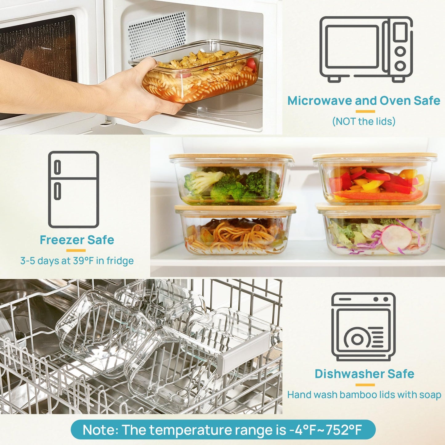 Vtopmart 5 Pack 35oz Glass Containers with Bamboo Lids, Meal Prep Food Storage Containers, BPA Free, Microwave & Dishwasher Safe