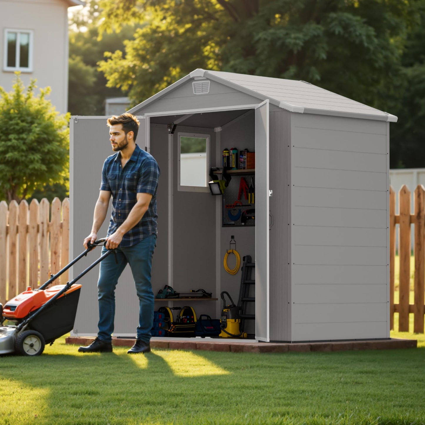 Greesum 6x4FT Plastic Outdoor Storage Shed with Floor, Resin Sheds with Lockable Double Door, Tool Sheds with Window and Vents, for Garden, Patio, Backyard, Light Gray