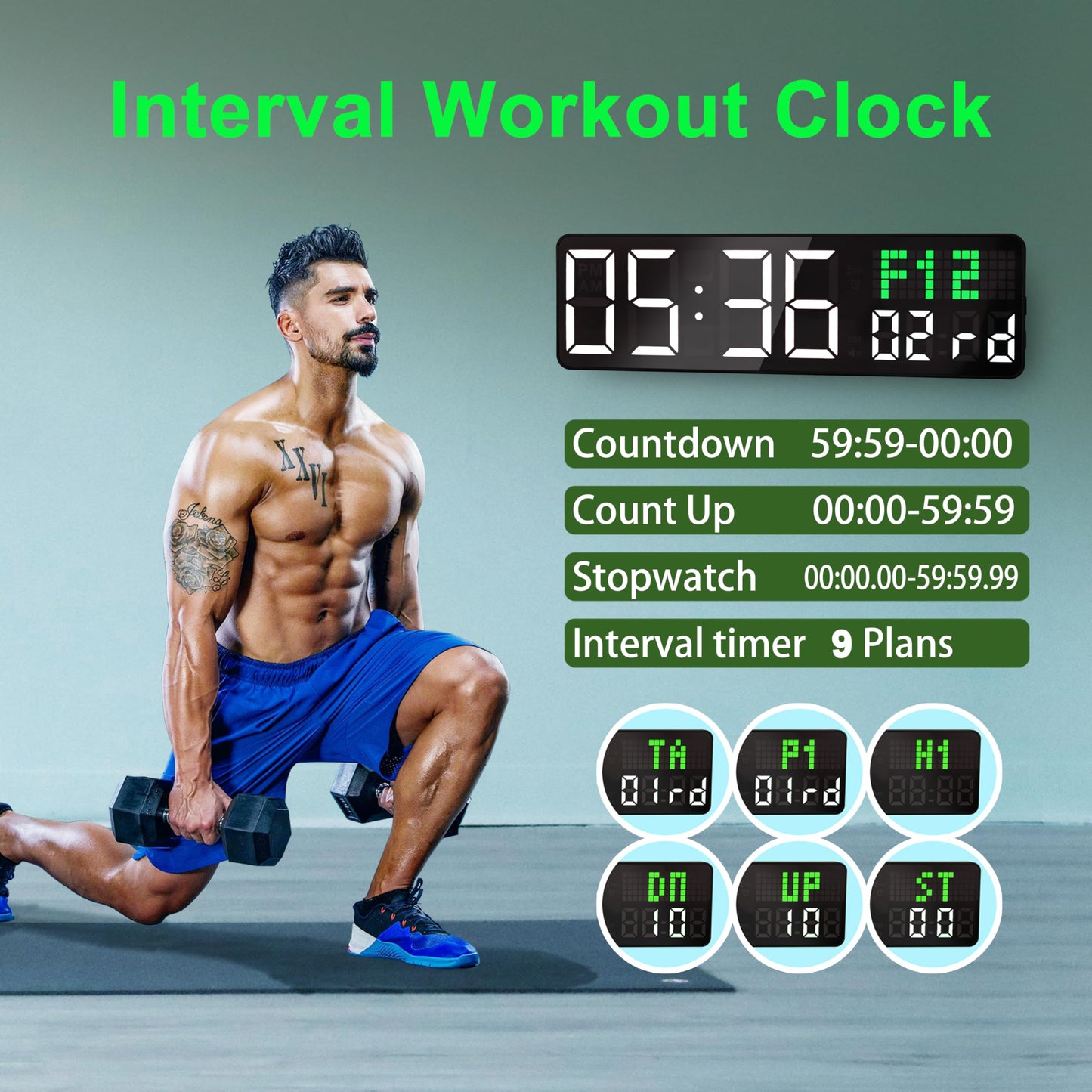 LUCORB Gym Clock with Seconds, 12" Digital Wall Timer Clock for Home Gym, Remote Interval Timer with Tabata HIIT Countdown, Voice Prompt | 5 Display Modes | 4 Training Alarms
