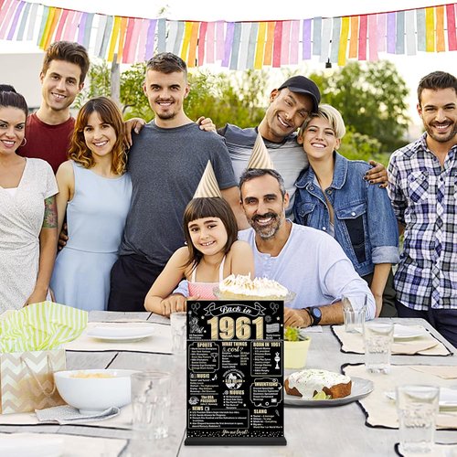 Back In 1961 65th Birthday Decorations - Two-Sided Wooden Table Sign with Stand | Black & Gold Party Decor