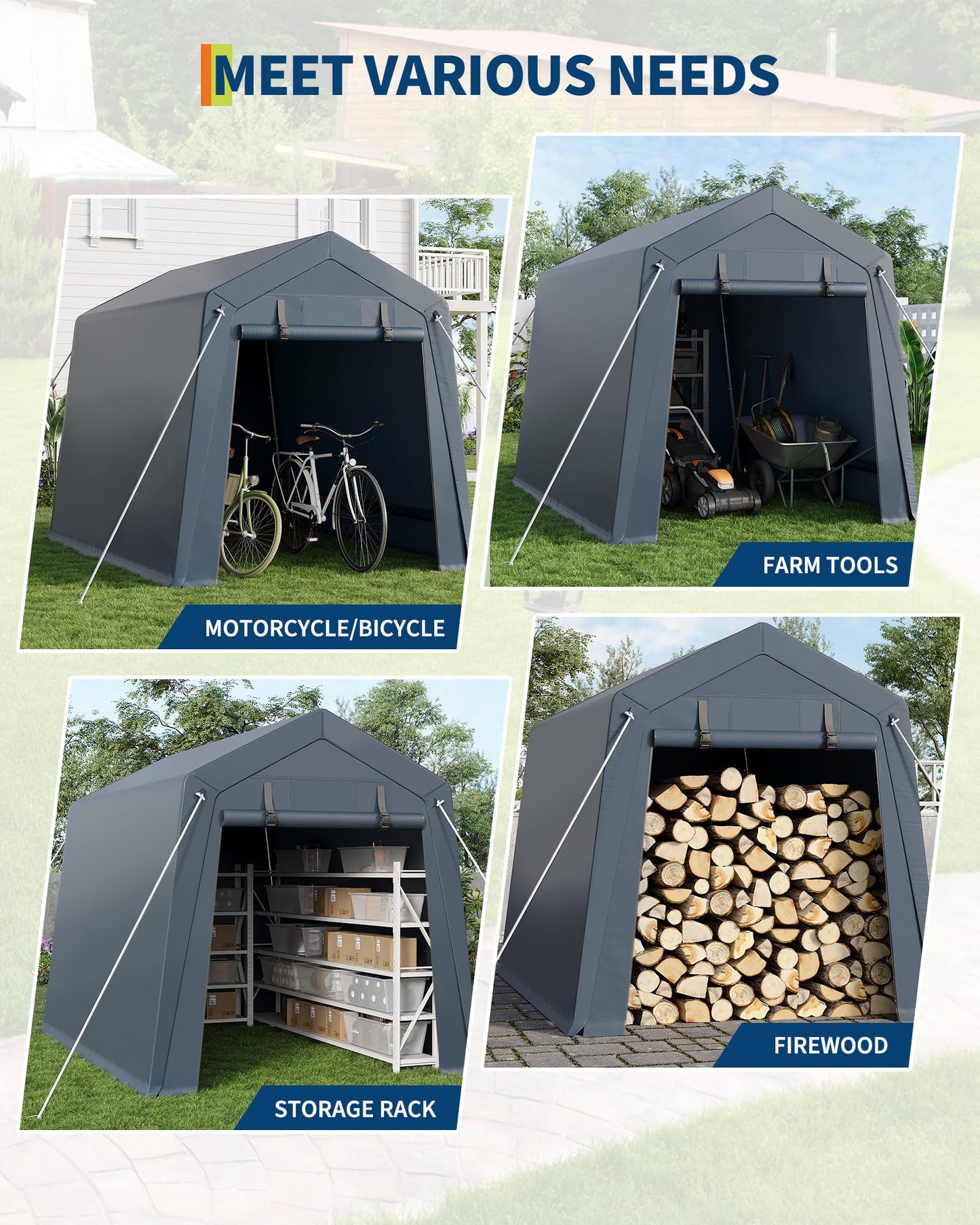 GarveeLife Portable Outdoor Storage Shed with Roll-Up Zipper Door & Vent, 240G Heavy-Duty Shelter Waterproof PE Tarp, UV-Resistant Carport for Motorcycle, Firewood, Tools (Gray, 6'x8')