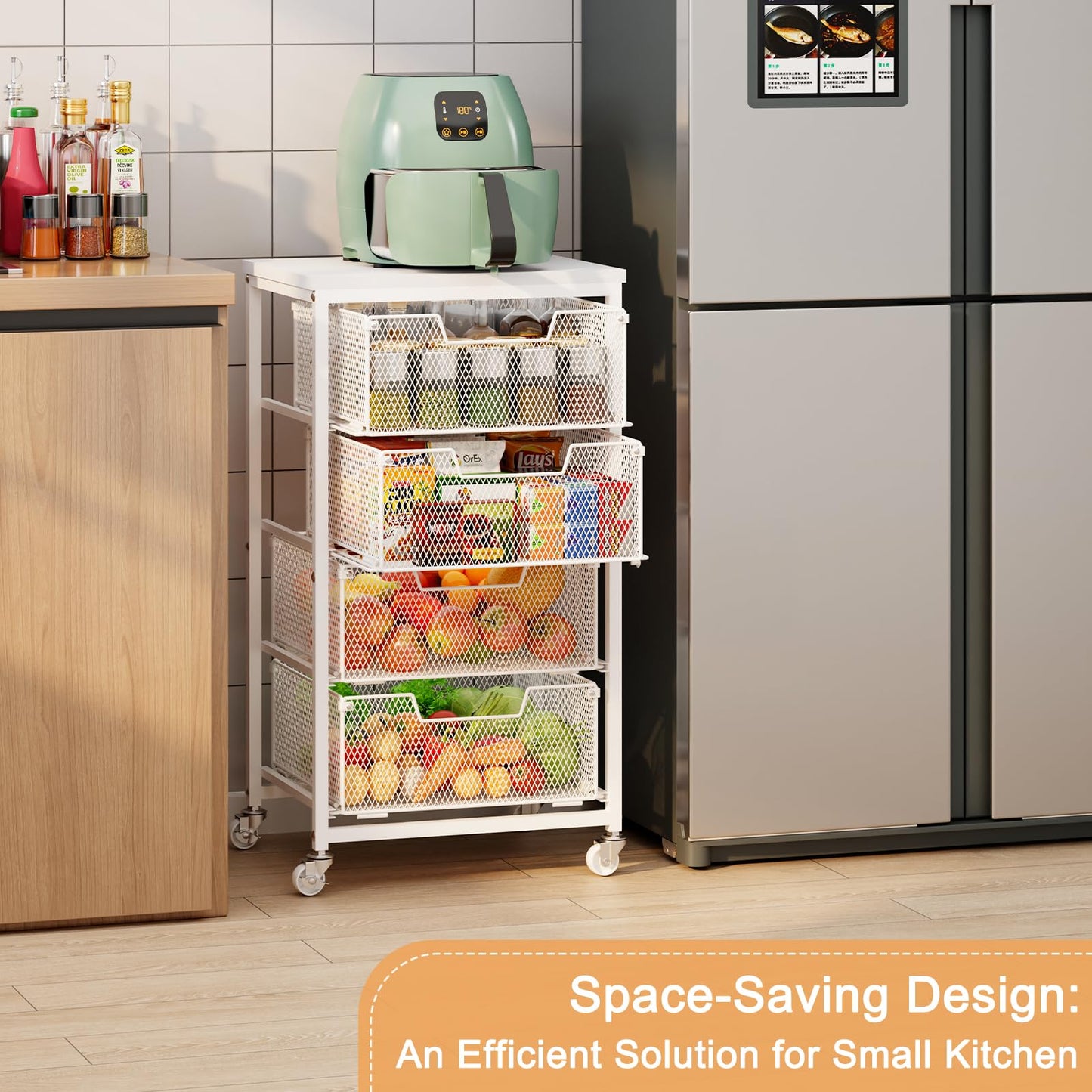 4-Tier Kitchen Storage Cart - Fruit Vegetable Storage Cart with Drawers, Wooden Top Metal Wire Kitchen Organizer and Storage Cart with Wheels to Storage Onions Potatoes Cans Snacks for Kitchen