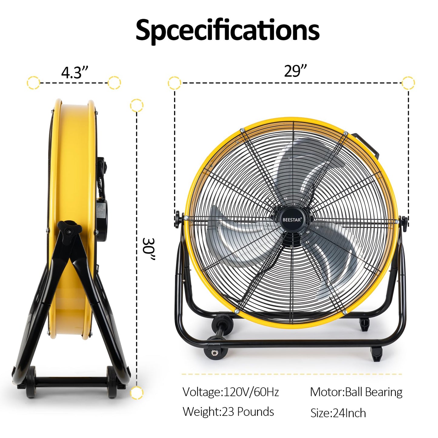 BEESTAR 24 Inch Industrial Drum Fan, High Velocity Heavy Duty Metal Fan 8800CFM 3 Speed 360° Tilt 1/3HP Motor Larg for Garage,Warehouse,Greenhouse,Shop,Workship,Basement (24 INCH)