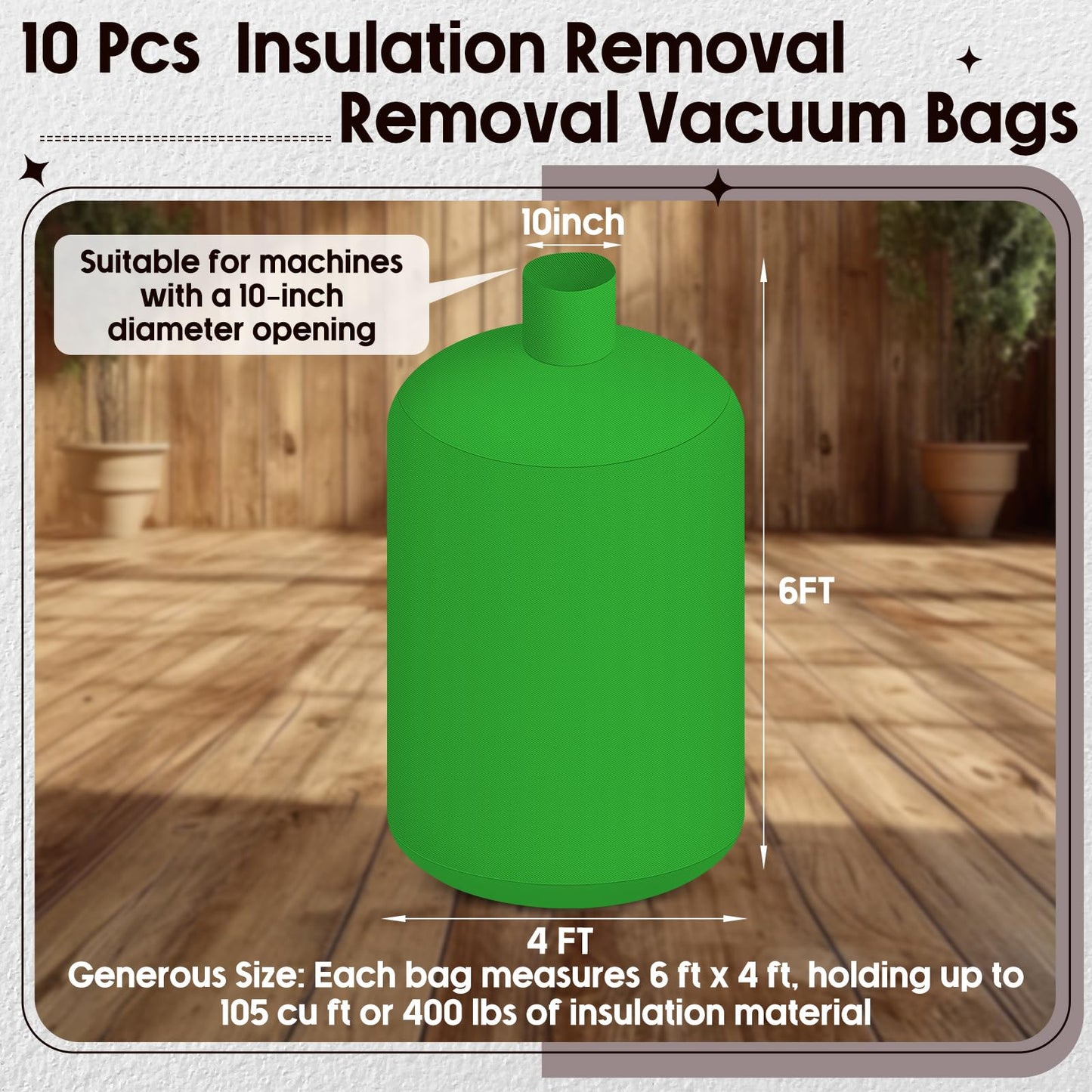 Pangda 10 Pack Insulation Removal Vacuum Bag Bulk 6 x 4 ft Heavy Duty Attic Low Dust Bag Holds 75 Cubic ft 400 Lbs Compatible with Insulation Hoses Easy-fill Spout & Lowest Dust Filter (Green)