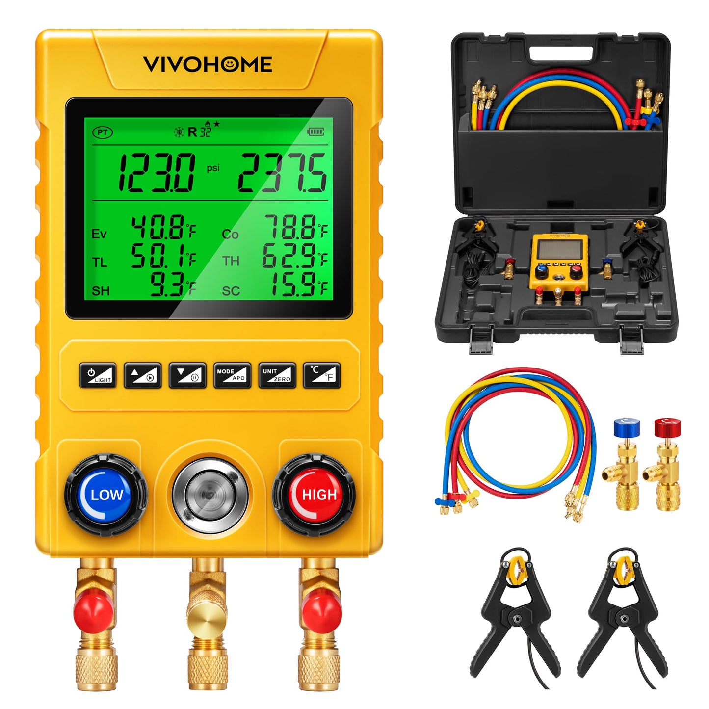 VIVOHOME Digital HVAC Manifold Gauge Set, Refrigeration AC Gauges with 2 Wired Temperature Clamp Probes and 3 Hoses with VIVOHOME 1/4 HP 3.5 CFM Single Stage A2L HVAC Vacuum Pump, Sparkless Motor