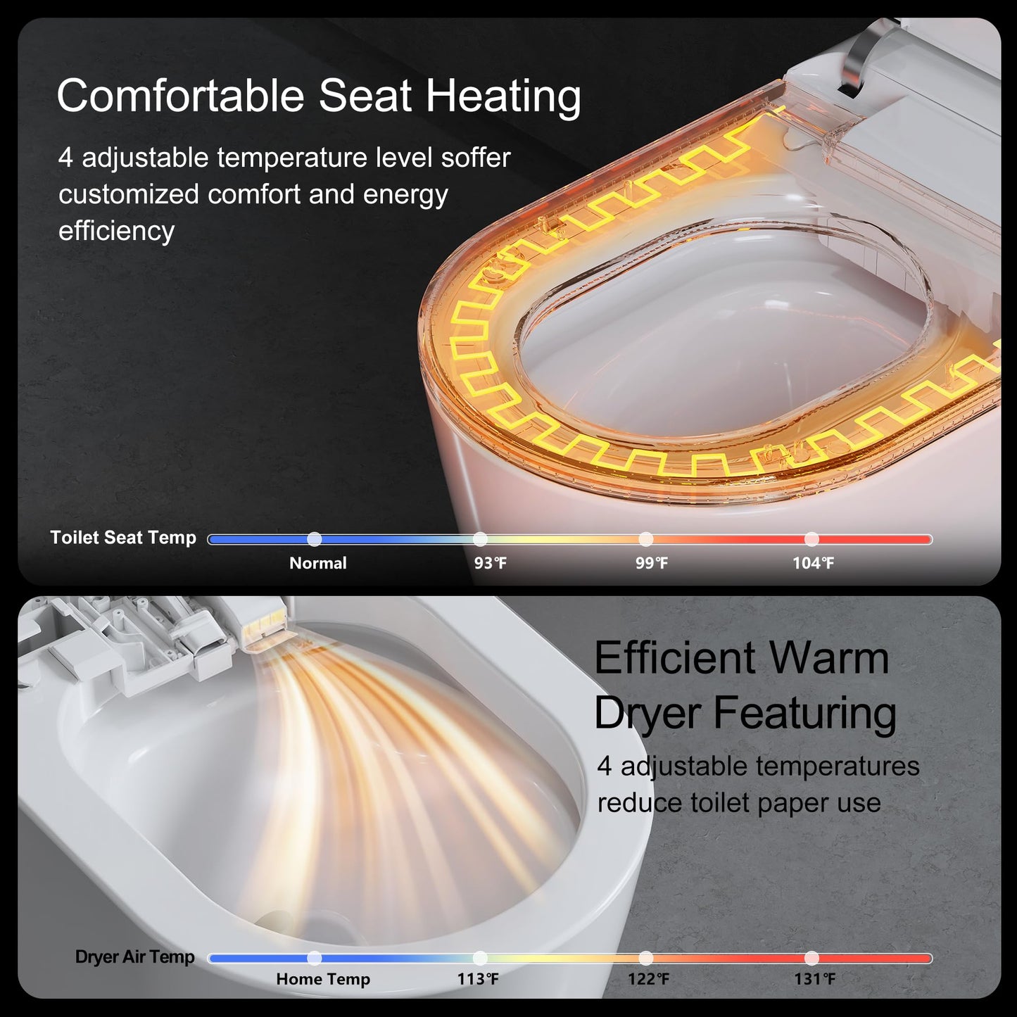 Smart Toilet with Auto Open/Close Lid for bedroom Heated Seat with Remote Control,Hidden Foam Shield, Multiple Cleaning Modes, Ambient Lighting,Soft Flush Feature Warm Water & Dryer