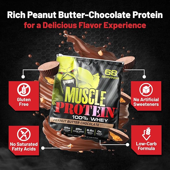 Muscle Protein Whey Powder [5 lbs/Pack of 1]??Cold Filtered, 25g Pure Protein, 6.6g BCAAs (Packaging May Vary) (5 Pound (Pack of 1), Peanut Butter Chocolate)