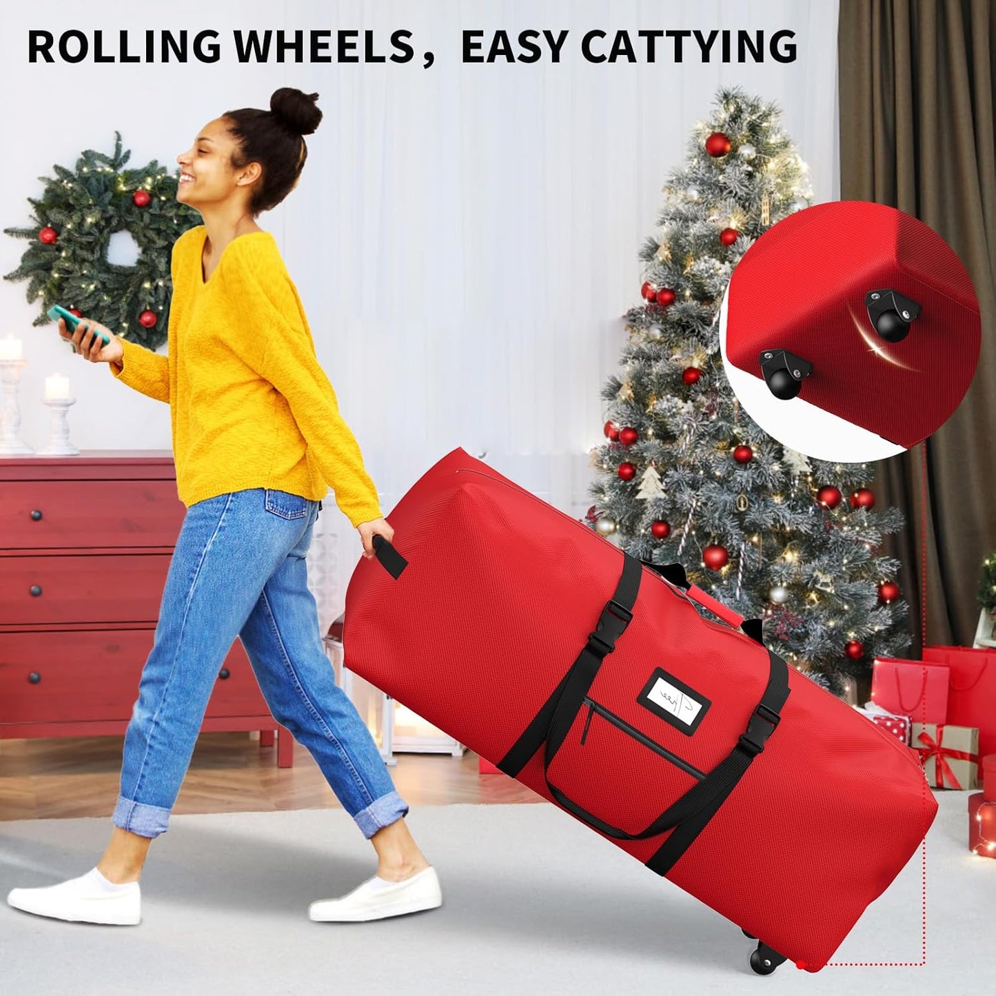 Rolling Christmas Tree Storage Bag - Extra Large Container for 7.5 ft Artificial Trees | Red with Wheels & Handles