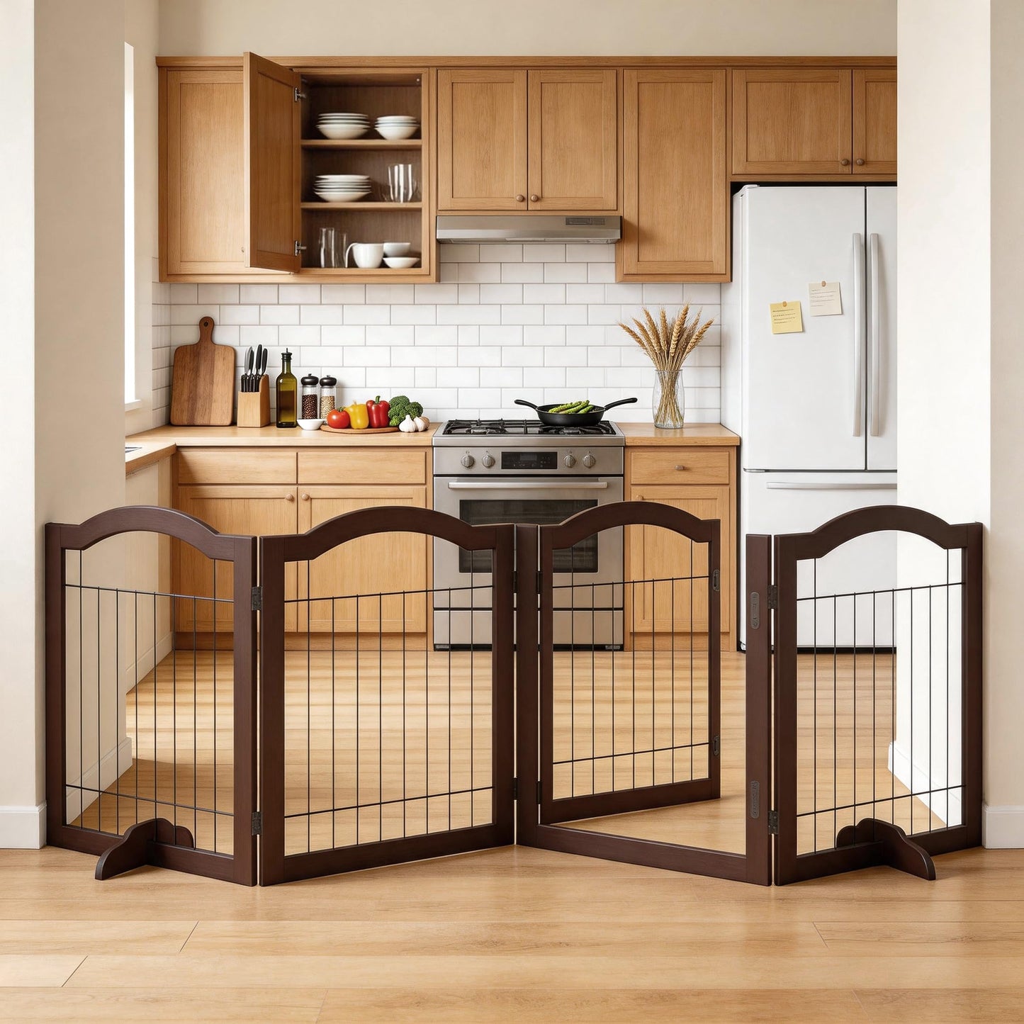Vantas Folding No-Assembly Dog Door Pet Gate 96" Wide, 30" Tall Wooden Dog Gate with Door Walk Through, Freestanding Wire Pet Gate, Pet Puppy Safety Fence, with 2PCS Support – Espresso