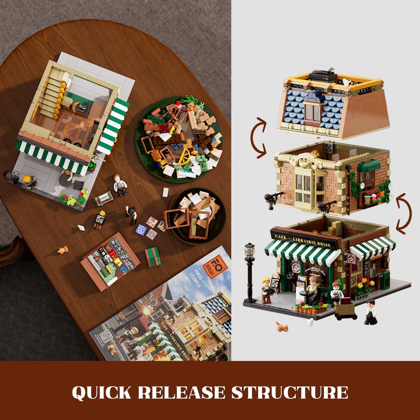 Funwhole Book-Cafe Lighting Building-Bricks Set - City Town Coffee House LED Light Modular Construction Building Model Sets 1718 Pcs for Adults and Teen