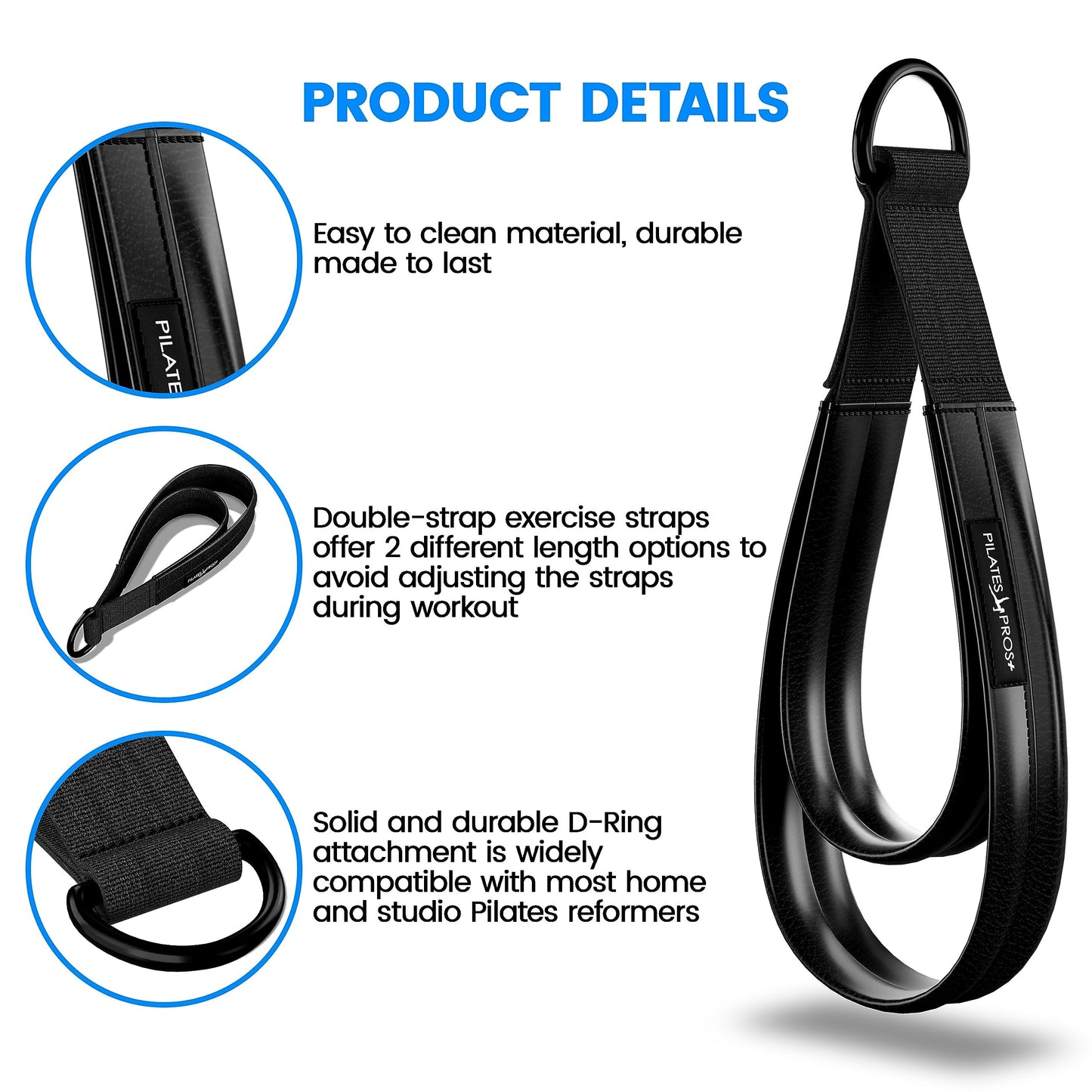 Vinyl Covered Double Loop Straps for Pilates Equipment - D-Ring Padded Fitness Straps for Studio & Home Gym Workouts