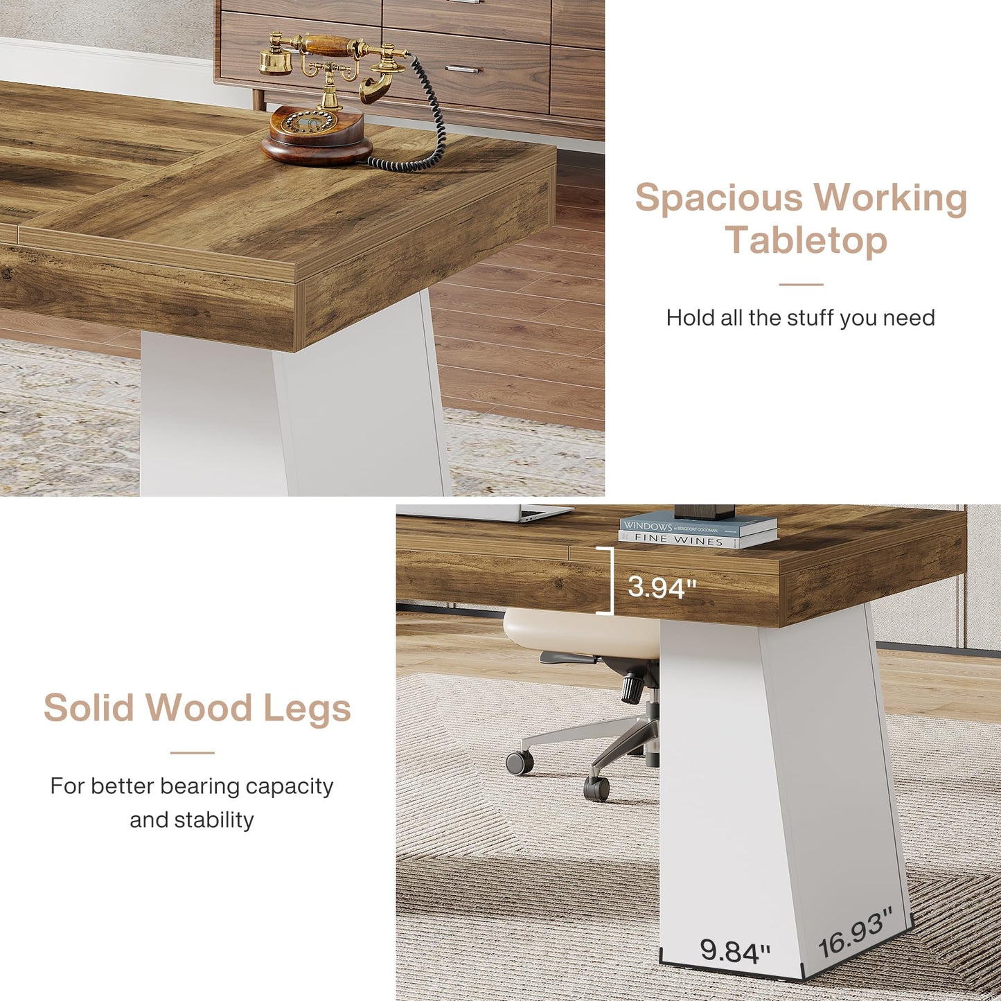 Tribesigns 55 Inches Executive Desk, Mid-Century Modern Home Office Desk, Wood Computer Table Business Workstation Small Conference Table, White & Brown