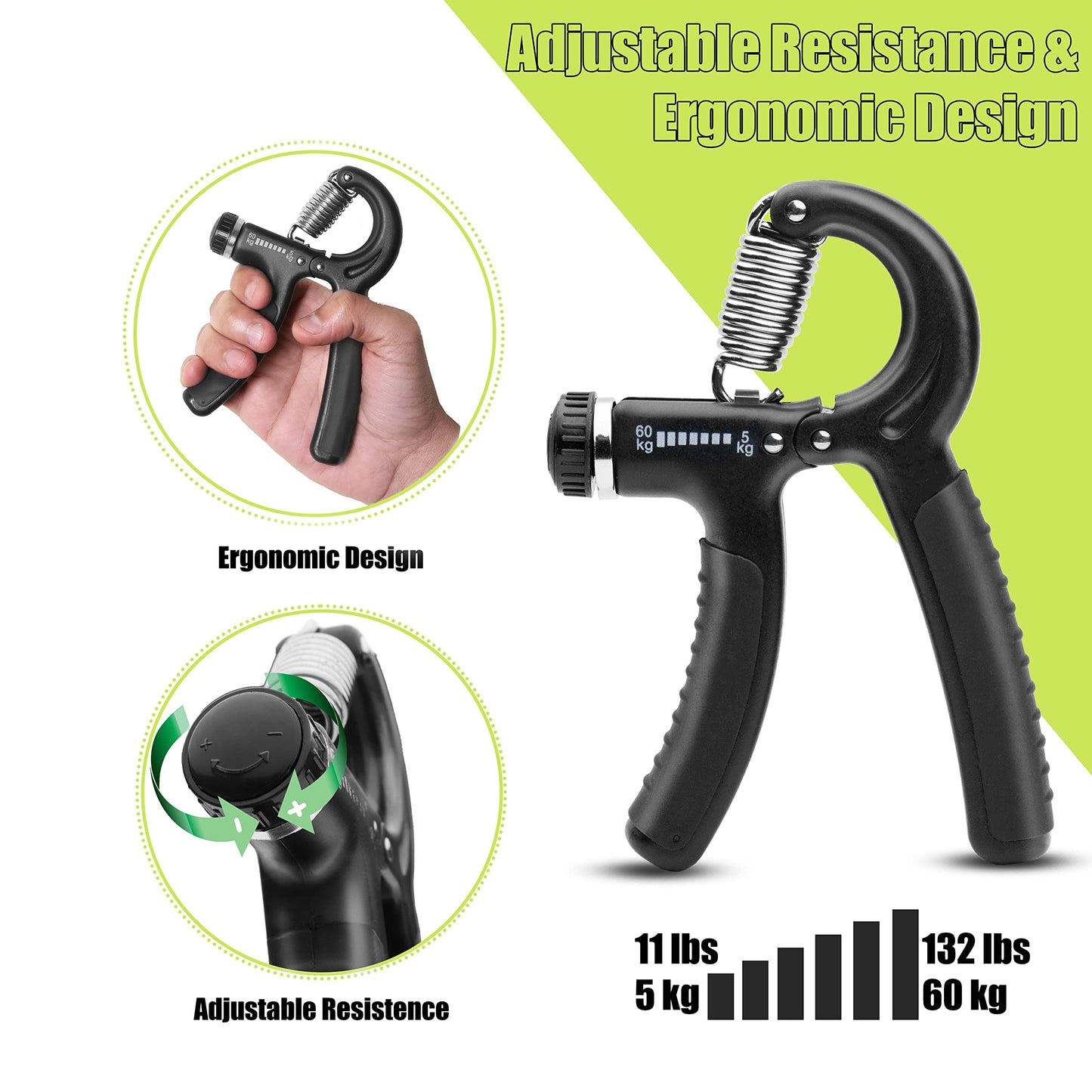 Exology Fitness Grip Strength Trainer 11lbs-132lbs (5kg-60kg)– Non Slip Hand Grip Strengthener with Stainless Steel Spring for Improving Hand, Finger, and Forearm Strength