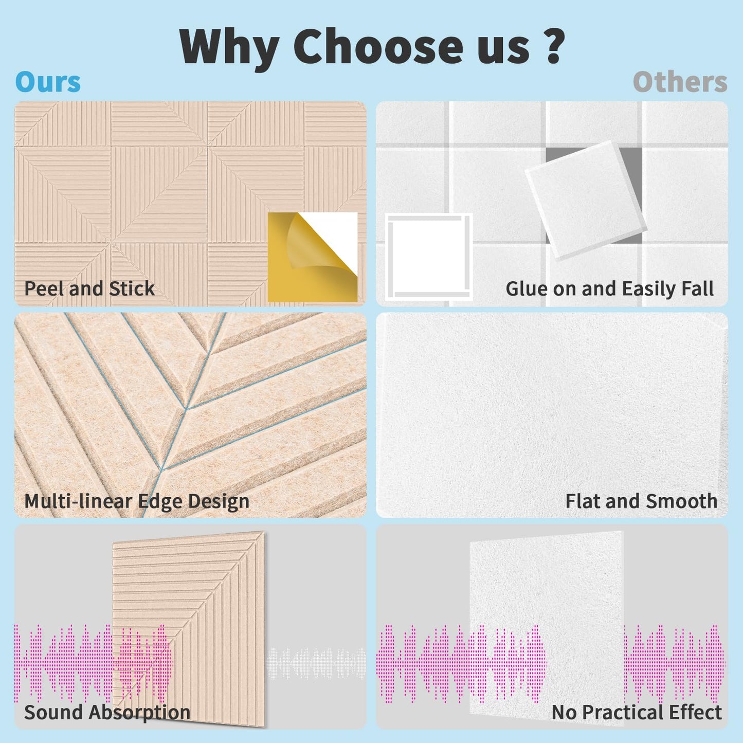 Art3d 6-Pack Self-Adhesive Acoustic Wall Panels for Home Décor, 24 x 24 Inch Soundproofing Panels for Office Studio Bedroom - High Noise Absorption Polyester Fiber, Camel