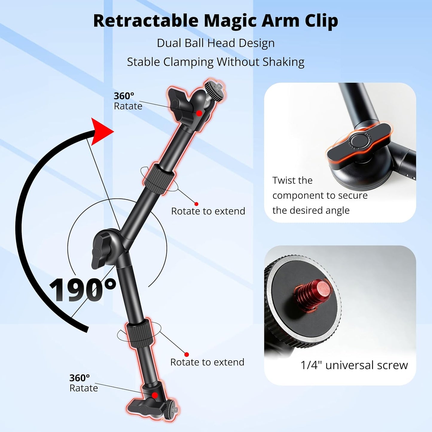 BZE 11.8-15 Inch, Stand1/4" 3/8" Universal Retractable Magic Arm Clamp Webcam & Thread with Phone Mount, Adjustable