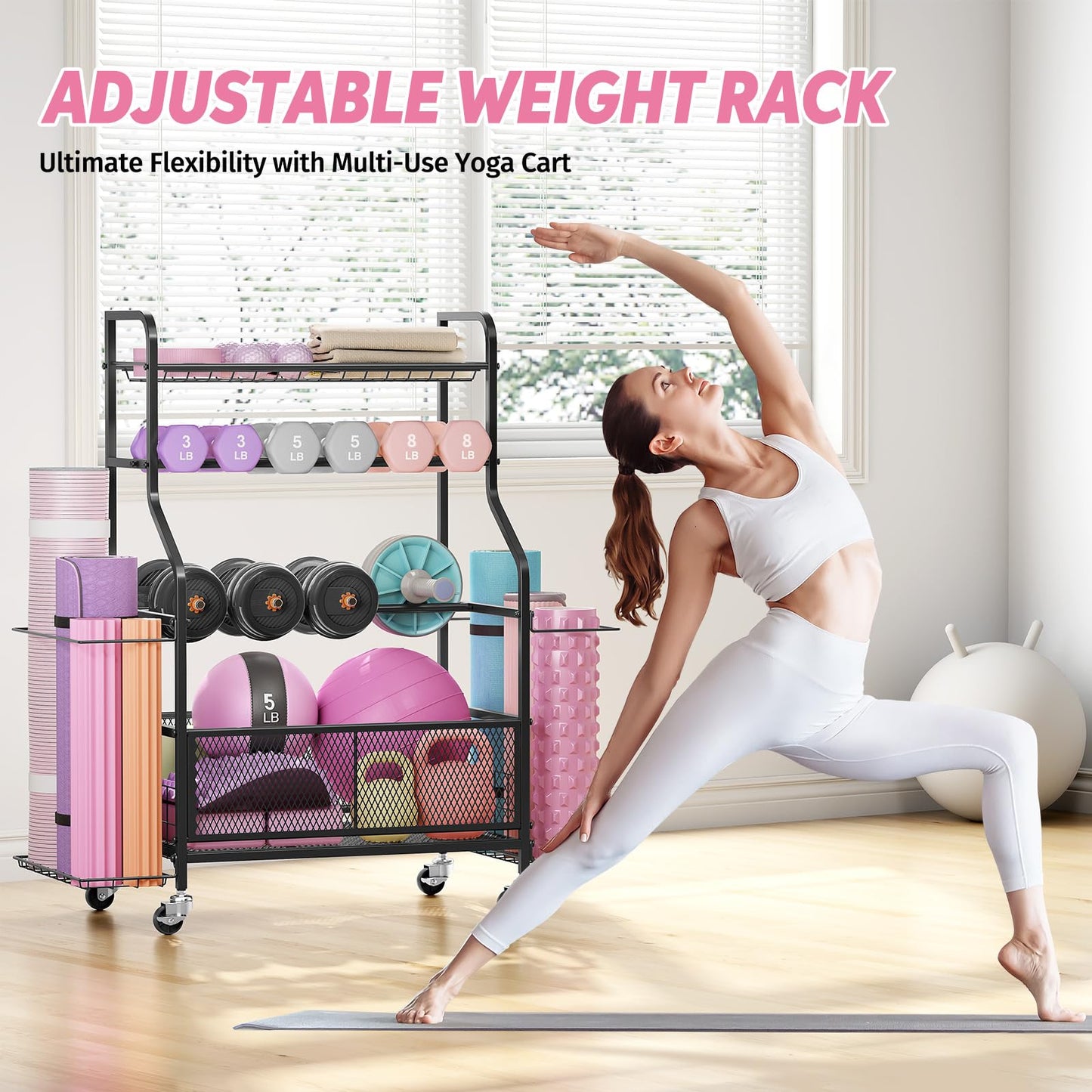 Dumbbell Rack with Wheels, Weight Rack for Dumbbells, Home Gym Storage Organizer for Kettlebells, Yoga Mats, Balls & Workout Equipment, Heavy Duty Steel Gym Storage Rack with Hooks, Black