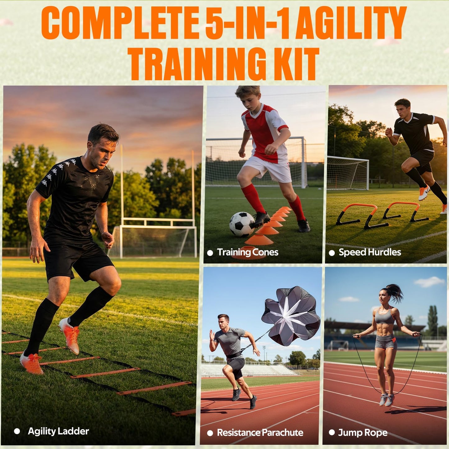 Agility Ladder, Soccer Football Training Equipment Set - 20ft Speed Ladder, 4 Hurdles,Parachute, 12 Cones & Jump Rope | Agility & Speed Training for Kids Youth Adults,Basketball & Football Accessories