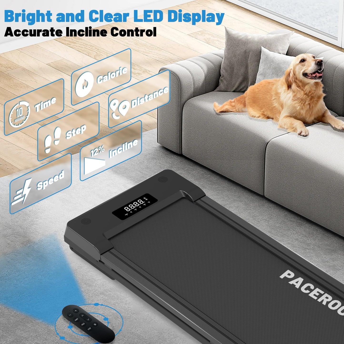 PACEROCKER Walking Pad Treadmill - 12% 9-Level Auto Incline System - 450 lbs Heavy Duty Capacity (204.1 kg) - Bluetooth Speaker - LED Display - Under Desk Design - 5 MPH (8 km/h)