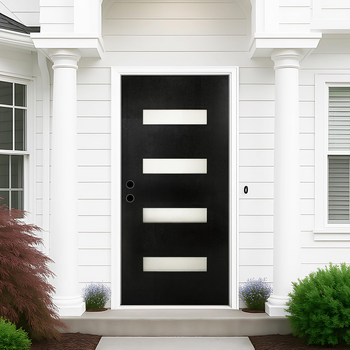 Fiberglass Entry Door 36x80'', French Exterior Door Right Hand Inswing Black Finished Frosted Glass Knock-Down Door, Vinyl Frame and Brickmould Included