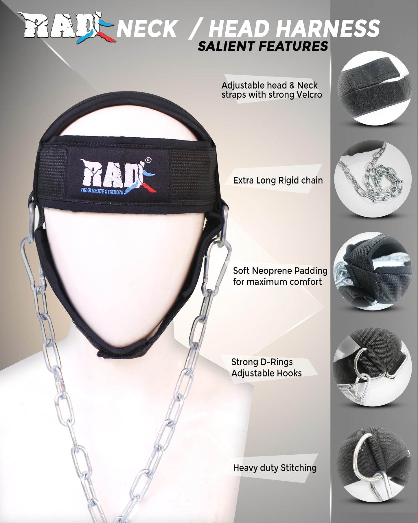 RAD Neck Trainer Adjustable Steel Chain Strength Weight Lifting Harness for Training Head Strenghtener Exerciser Neck Workout Strap Black Belt for Exercise