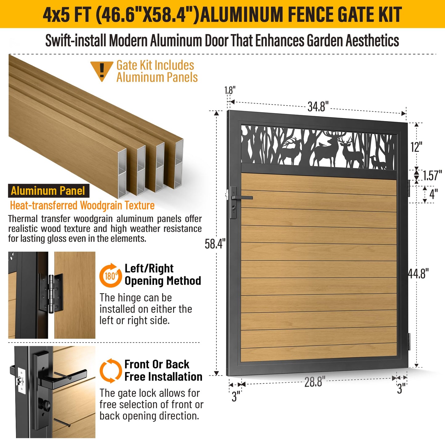 Brukid 4x5 FT Aluminum Fence Gate Kit Wood Grain Aluminum Gate with Decorative Cutout, Lock & Hinges, Left/Right Opening, Weather Resistant for Yard Garden Patio