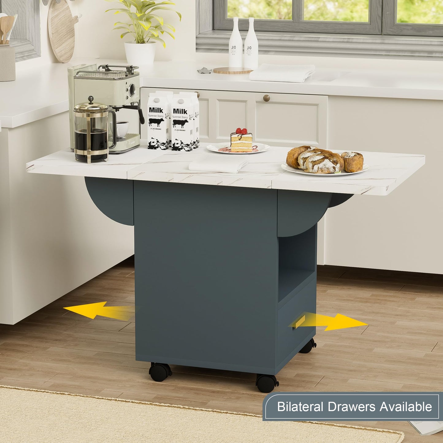 mikibama 39.4" Wooden Folding Kitchen Island with Storage Cabinet & 4 Wheels,White Marble Color Top Rolling Mobile Cart,Expandable Dining Table for Small Spaces,Versatile Side Entryway Table