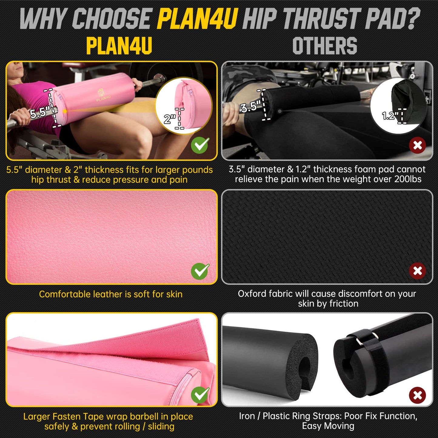 Plan4U Barbell Pad for Bench Press Hip Thrust Weightlifting, Upgraded Board Press with 2 inches Non-Slip Thickness Leather Foam Pad Fits Standard Olympic Bars for Powerlifting Bench Workout, Pink