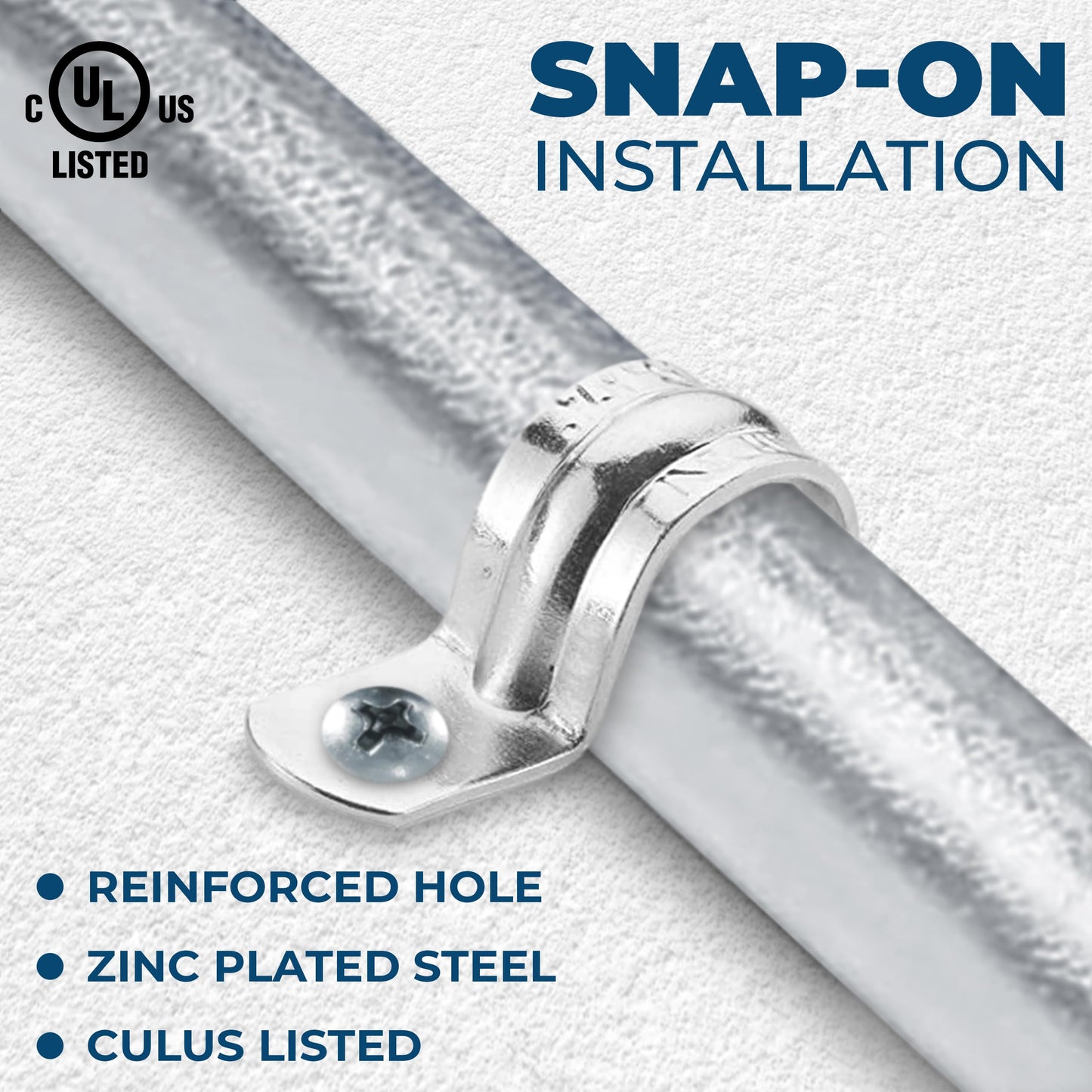 OhLectric 1 Hole 3/4 Inch EMT Pipe Strap | Reinforced Rib, Hole for Extra Strength | Snap-On Installation | Zinc-Plated Steel Pipe Clamp to Secure EMT Conduit | Pack of 1000