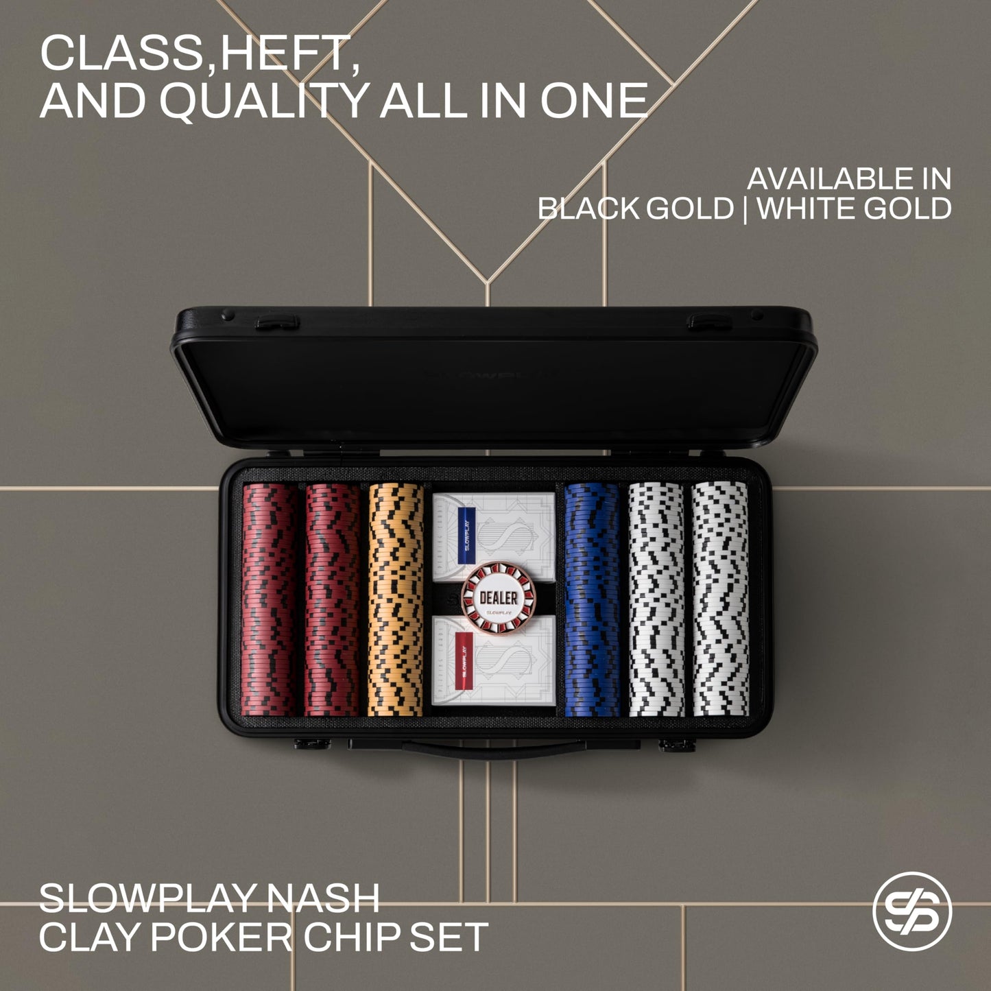 SLOWPLAY Nash 14g Clay Poker Chip Set White Gold Edition– 300PCS Full Set for Texas Hold’em | Numbered Chips: 1, 5, 25, 100, 500 | Premium Case with Durable German Polycarbonate Shell